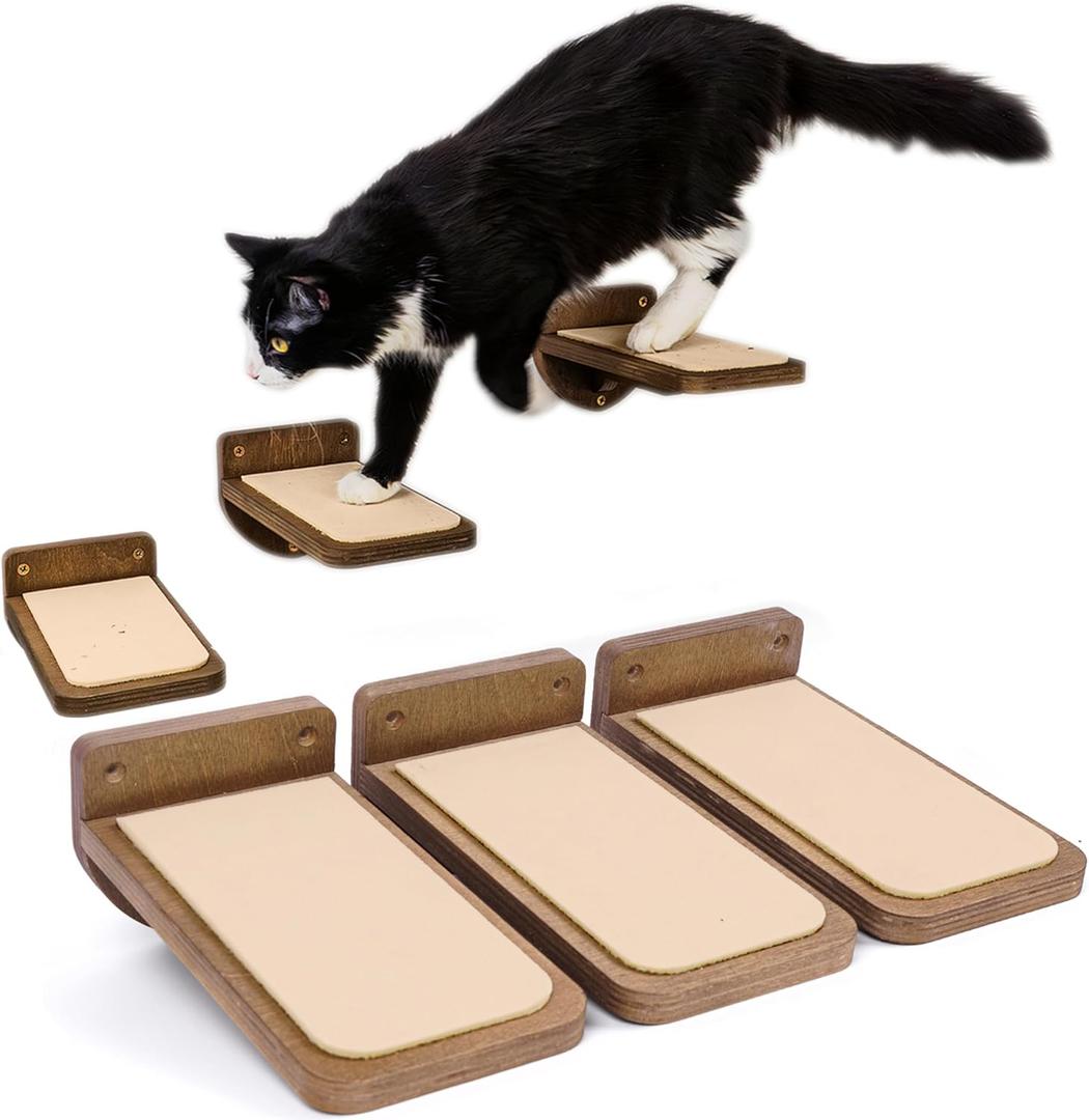 INICIO Cat Wall Stairs - Set of 3 Wall Steps for Cats to Climb with Fixtures, 8.7"x4.7" - Floating Steps for Climbing or Playing - for Kittens and Adult Cats, Dark Brown