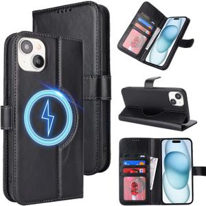 Zouzt for iPhone 15 Plus 6.7 Inch Genuine Leather Wallet Case with Card Holder, Compatible with MagSafe Magnetic Wireless Charging Flip Folio Book Cover Women Men for iPhone 15 Plus - Black