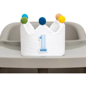 1st Birthday Crown with Number 1 Pom Poms-Baby Boy Girl First Birthday Hat for Photo Props, Smash Cake Photography, Milestone Celebration Decor (White & Blue)