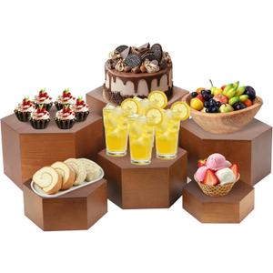 RETON 6 PCS Buffet Risers, Wood Food Risers for Buffet Table, Hexagon Display Stand Set with Hollow Bottoms, Cube Boxes for Cake Catering Dessert Party Jewelry (5.1", 5.9", 6.7", 7.5", 8.3'', 9'')