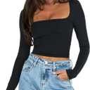 Women's Slim Fit Going Out Crop Tops Casual Solid Color Square Neck Long Sleeve Tight Tee Shirt Basic Streetwear (Small, Black)