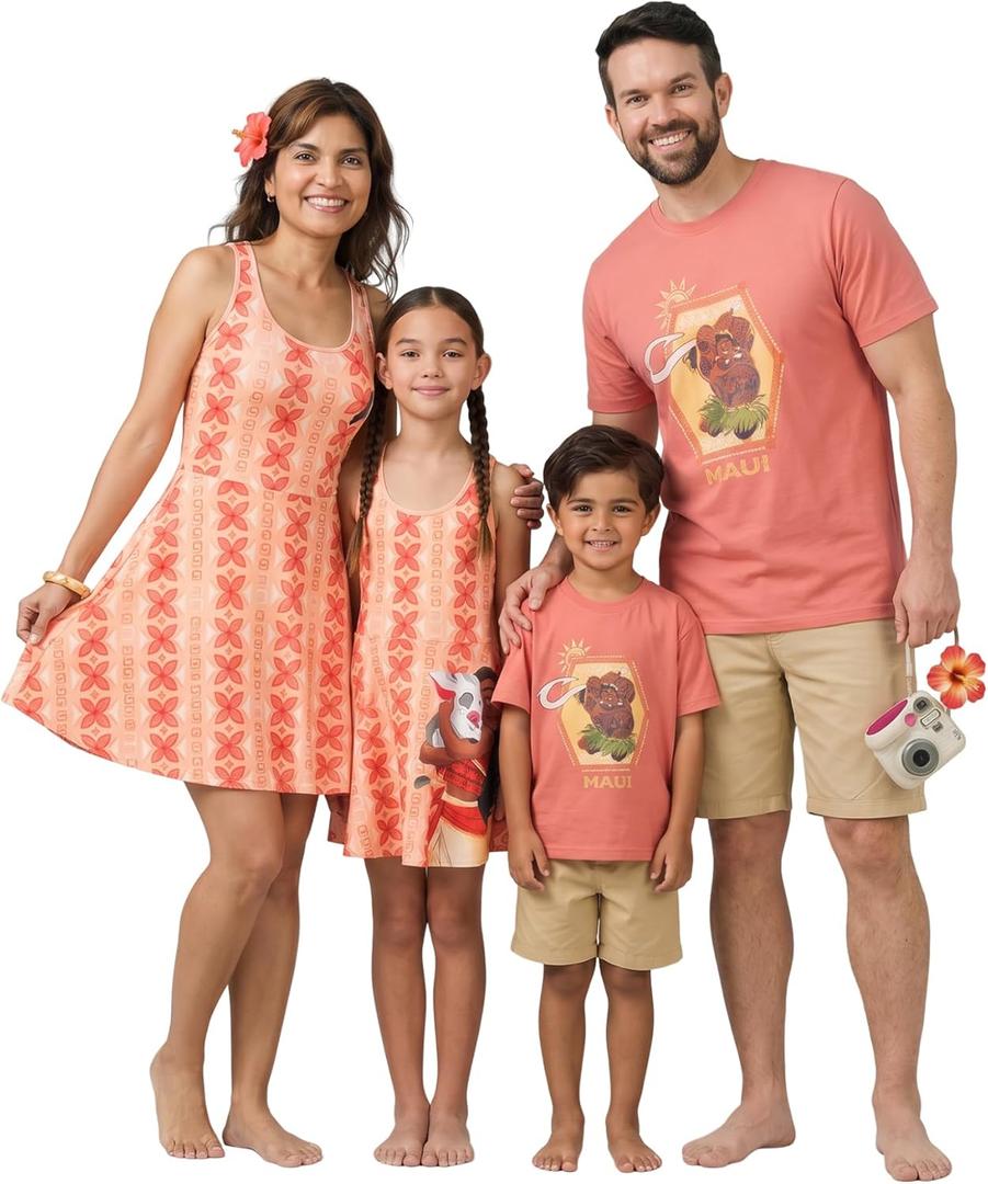 Disney Mickey and Friends Family Matching Outfits Sleeveless Dress and Short Sleeve Shirts for Mommy and Me (6-7 Years, Maui-orange)