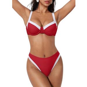 SUUKSESS Women Color Block Underwire Bikini Sets Cheeky High Cut 1 Piece Swimsuit V Neck Push Up Bathing Suit (Red White,XS)