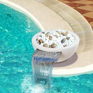 PONDO 23" Circular Water & Planter Bowl with 304 Stainless Steel Spout  Pebble-Filled Decorative Magnesium Mud Stone Bowl Waterfall Fountain for Pools, Gardens, and Patios