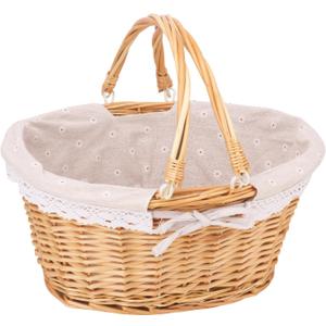 Natural Wicker Basket with Linen Lining, Woven Picnic Basket with Handle, Large Picnic Basket, Stylish Hand-Woven Favors Storage Basket for Picnic, Camping, Outdoor Party