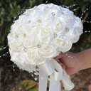 Bridal Wedding Bouquet Round Bling Brooch Bouquet Throw Toss Artificial Rose Flower Bunch for Bride Bridesmaid Wedding Quinceanera(Ivory, 8.7")