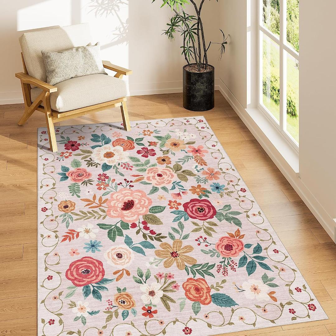 DUKINO 3x5 Area Rug, Floral Rugs for Entryway, Lightweight Non Slip Washable Rug, Indoor Low Pile & Non-Shedding Boho Design Rugs for Bedroom, Living Room, Dining Room, Kitchen, Beige