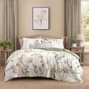 CASAAGUSTO King Comforter Set 7 PCS White & Green Dandelion Plant Comforter Set with Flowers Leaves Pattern Soft Seersucker Design All Season Bedding Set(102"X90")
