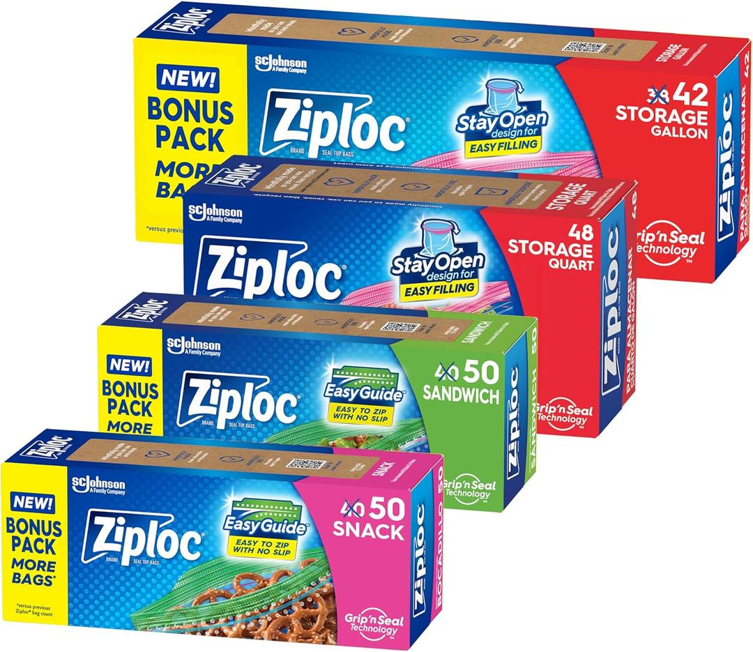 Ziploc Brand Storage Bags Variety Pack, 42ct Storage Gallon and 48ct Storage Quart with Stay Open Design, 50ct Sandwich and 50ct Snack with Grip N Seal Technology, 190ct Total