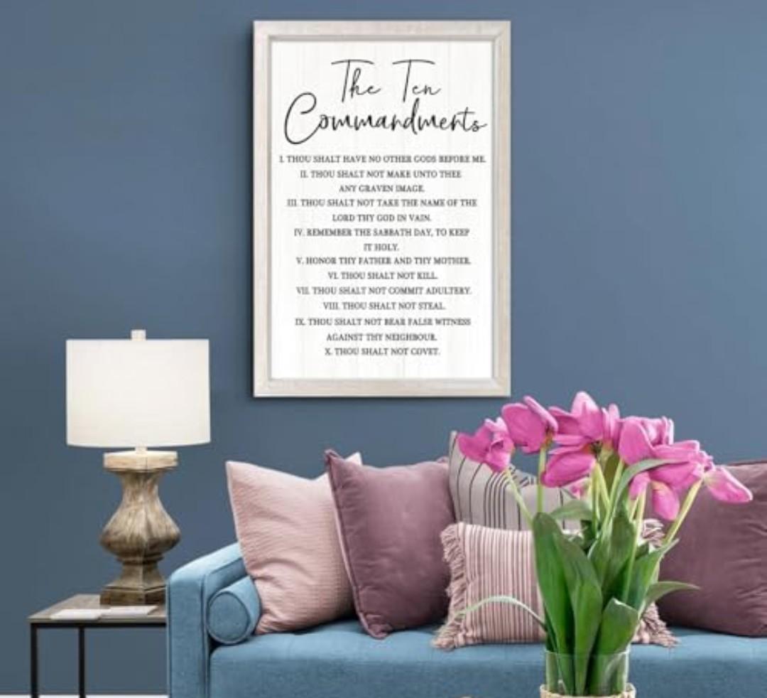 The Ten Commandments Rustic Bible Verse Framed Wall Art, 16''×24'' Positive Religious Christian Saying Sign for God Jesus Christ Prayer, Vintage Narrow Holy Inspirational Catholic Scripture Decor