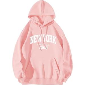 ORANDESIGNE Letter Graphic Print Hoodies for Women Oversized Long Sleeve Casual Drawstring Fall Pullover Sweatshirt Tops NEW YORK Light Pink X-Large