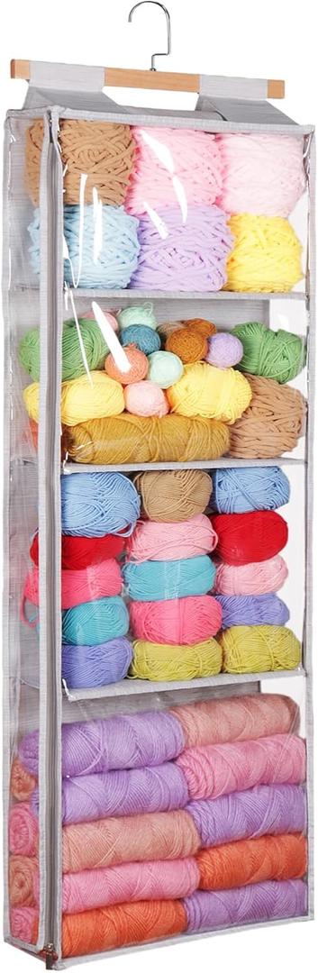 Hanging Yarn Storage with 4 Large Pockets, Clear Knitting Organizer Storage with Zippers for Crochet Lovers, Hanging Yarn Holder with Over-Door Hooks for Knitting Needles Crochet Hooks (4 Pockets, Grey)