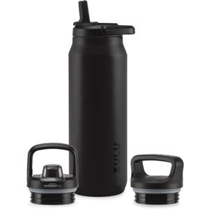 ZULU Base 40oz Stainless Steel Water Bottle with 3 Lids- Straw, Chug, Twist | Double Walled and Vacuum Insulated Metal Thermos | For Gym, Outdoor | Built in Carry Loop, Dishwasher Safe, Black