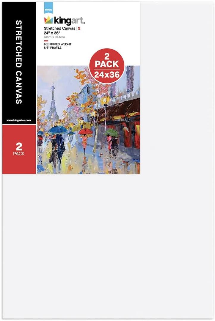 KINGART Large White 24" x 36" Stretched Artist Canvas, Pack of 2, Gesso Primed - 100% Cotton Rectangular Canvases, 5/8" Profile, Art Supplies for Oil and Acrylic Painting