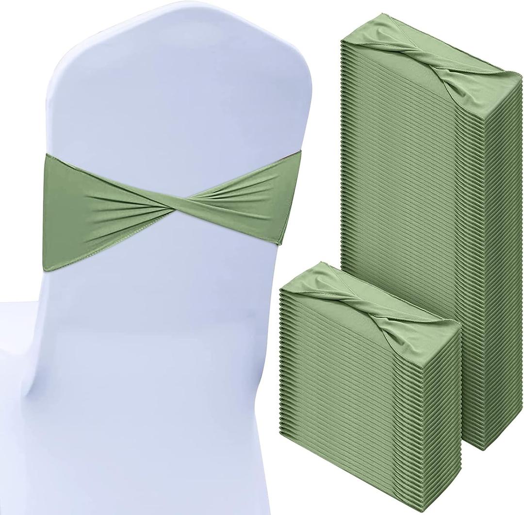 Kinlop 150 Pcs Spandex Chair Sashes Bows Stretch Chair Cover Bands Elastic Ties Bands Slider Sashes Without Buckle Decorations for Wedding Party Events Ceremony Birthday(Sage Green)