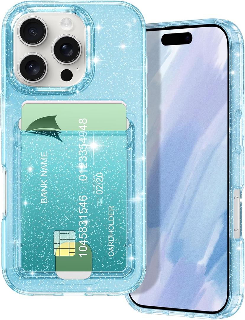 Petocase for iPhone 16 Pro Max Wallet Case Card Holder Slot Slim Fit Flexible TPU Gel Rubber Soft Skin Silicone Protective Phone Case Cover for Apple iPhone 16 Pro Max 6.9 inch Glitter Blue