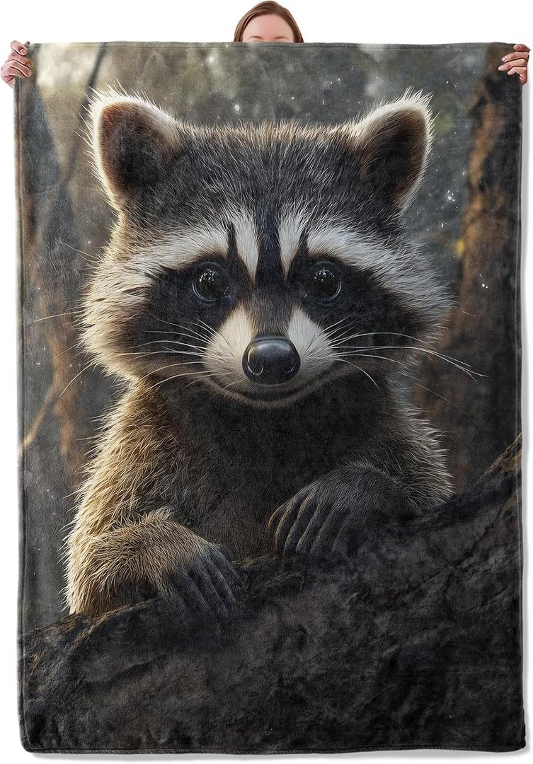 Cute Raccoon Flannel Blanket - Soft, Warm & Lightweight for Home, Travel & Decor -Color102, 60''x80''