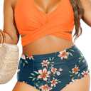 Women Plus Size High Waisted Bikini - Two Piece Swimsuit Tummy Control Bathing Suit Wrap Tie Back 2025 Swimwear (Orange Flowers, 16 Plus)