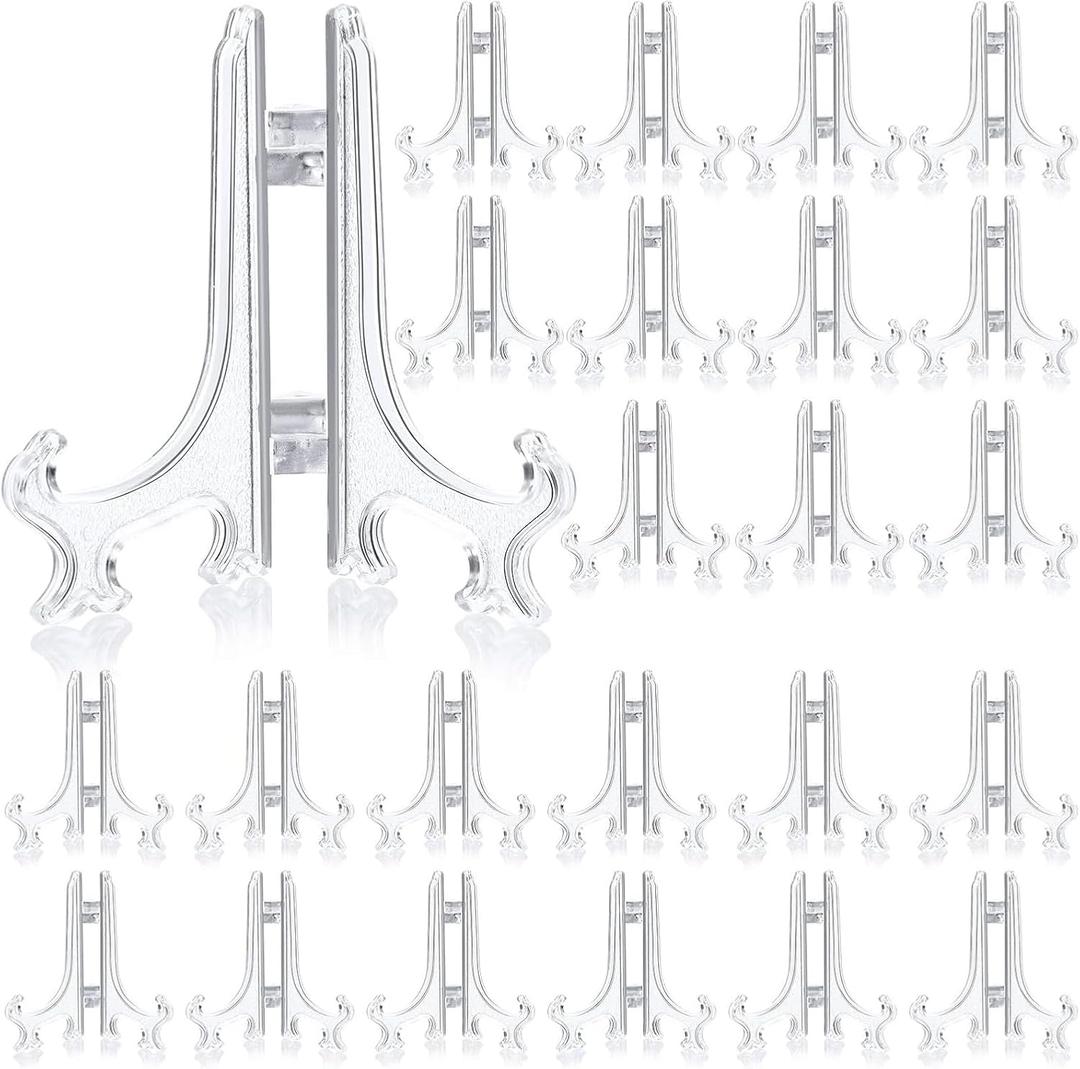 Patelai 48 Pieces Mini Easel Stands Plastic Plate Stand Holder Display Picture Easel for Display Picture Frame Collectibles Desktop Weddings Party Home Decoration(3 Inch, Clear)