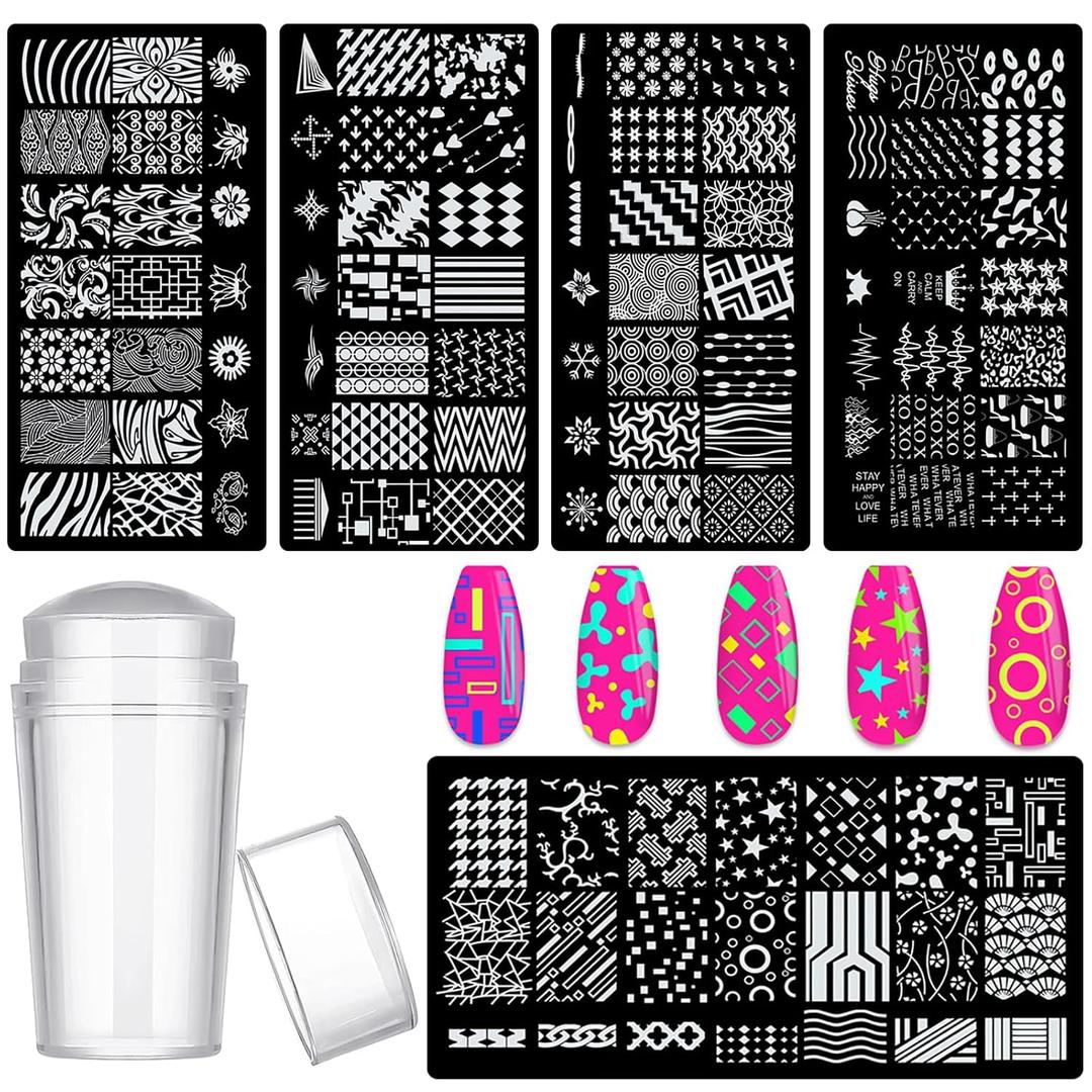 5pcs Nail Stamp with Nail Stamper and Scraper, Heart Geometry Nail Stamping Plates Nail Art Stamp French Tip Stamps Tool Nail Stencils Template for DIY Nail Art Accessories