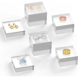Acrylic Base Stand 6 Pack 3 X 3 Inch Acrylic Blocks for Display Trophy Base Clear Square Cube Riser Display Cylinder Pedestal Stands for Collectibles Jewelry Props Food Display 3 Size