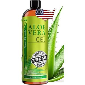 Seven Minerals Organic Aloe Vera Gel from freshly cut 100% Pure Aloe - Big 12oz - HighestQuality, Texas grown, Vegan, Unscented - For Face, Skin, Hair, Sunburn relief