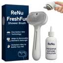 Renu Dog Brush, Renu FreshFur Dog Shower Brush + Bathing Solution, 3 in 1 Self Cleaning Steamy Pet Brushes, Dog Grooming Tool for Long & Short Hair, Removes Loose Hair Reduces Shedding (White)