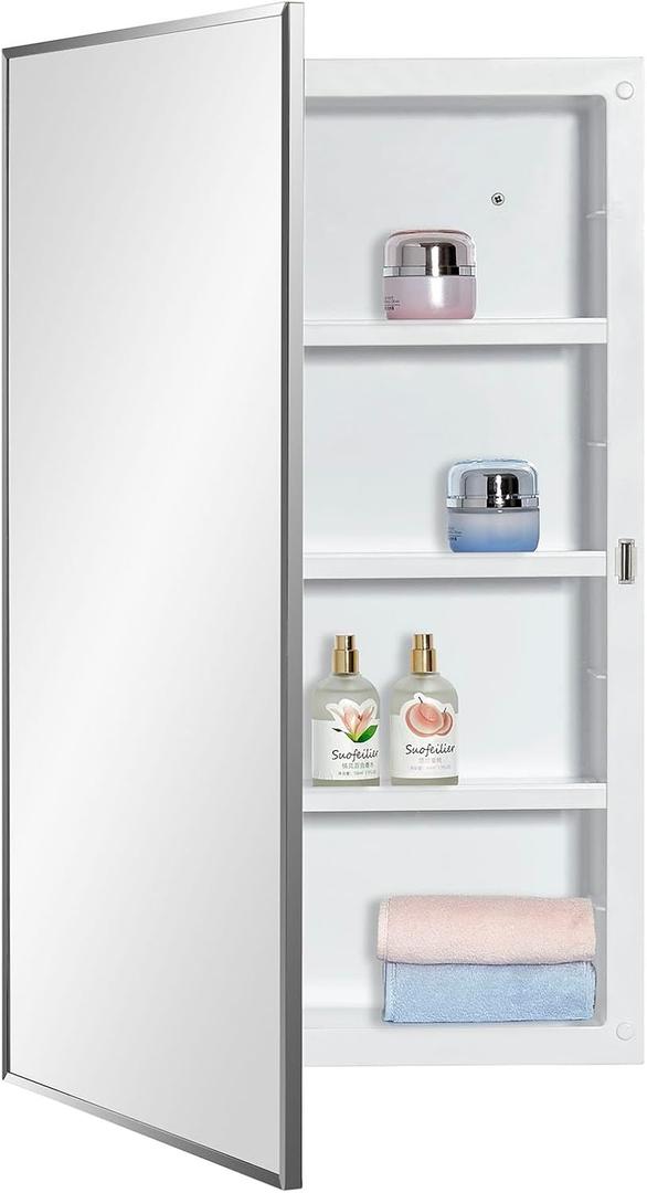 IDYLLOR Plastic Medicine Mirror Cabinet for Bathroom, Surface and Recessed Mount, 16x26inch Framed Mirror