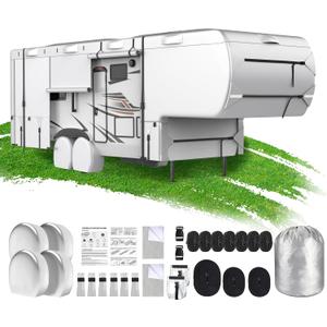Mofeez 5th Wheel RV Cover 33-37ft, 420D Oxford Fabric Fifth Wheel Cover, Rip-Stop Anti-UV Waterproof Windproof Camper Cover with 3Pcs Extra Straps, 6 Gutter Covers & 4 Tire Covers