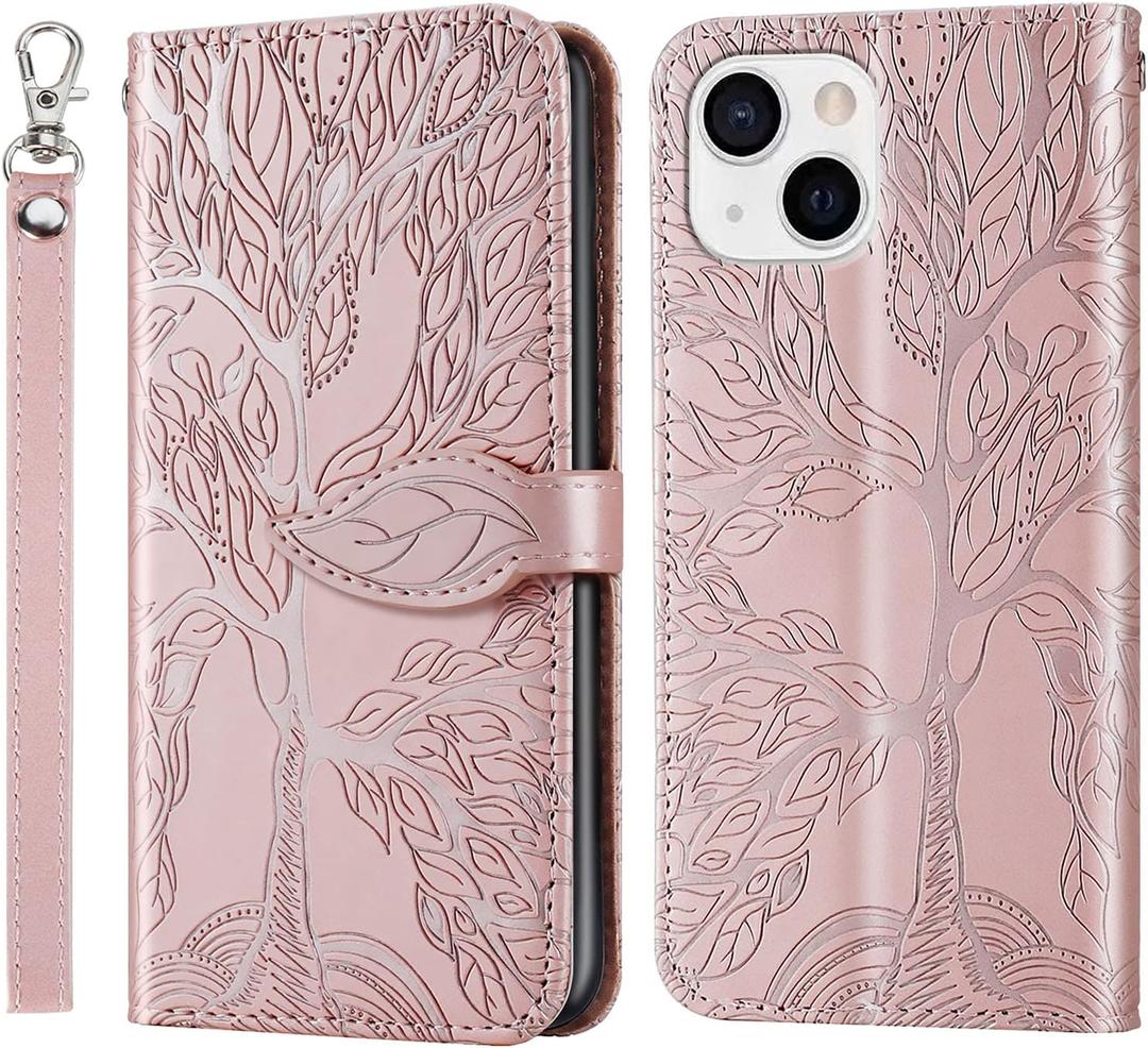 Wallet Case for iPhone 14 5G 6.1" 2022 with Card Holder,iPhone 13 PU Leather Flip Folio Shell Wrist Strap Stand Function Magnetic Closure Phone Cover fits iPhone 14 6.1 inch,Rose Gold