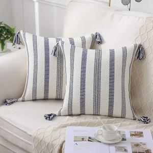 Smile Bee Boho Outdoor Couch Throw Pillow Covers Set of 2 Decorative Thick Woven Striped Accent Neutral Pillow Covers with Tassels for Bed Sofa Home Decor 20x20 Inch, Navy Blue and Cream White