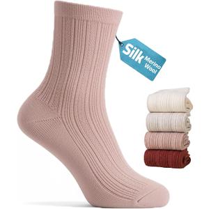 Merino Wool & Silk Blend Boot Socks Women Soft Crew Socks Comfort Breathable Daily Wear 4-Pack