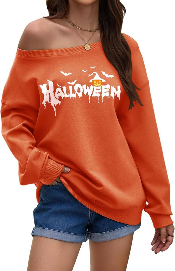 Womens Off the Shoulder Sweatshirt Long Sleeve Pullover Tops Oversized Sweatshirts Trendy Fall Outfits (Orange, M)