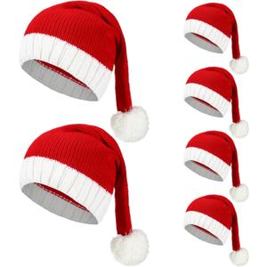 Panitay 6 Pcs Santa Knitted Christmas Hat - Warm Winter Crochet Xmas Skull Cap Stocking for Adult Women Men Teen, Red