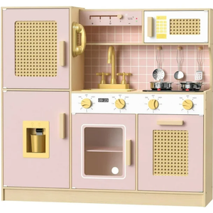 Babytronic Wooden Kitchen Playset for Kids, Pink Pretend Play Kitchen with Lights & Sounds, Retro Style Toy Kitchen for Toddlers Ages 3+, Wooden Play Kitchen Set with Realistic Design (Pink)