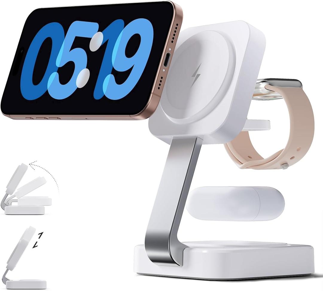 Traveling Wireless Mag-Safe Fast Charging Station,Magnetic 3 in 1 Charger with iPhone 17 16 15 14 13 12 Pro Max Plus,Apple Watch Series & Air pods 4 3 2 Pro-Gifts for Wife & Husband (White)