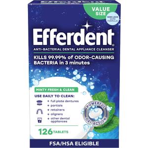Efferdent Denture Cleaner Tablets Dental Appliances, Aligners, Mouth Guard, and Retainer Cleaner Tablets, Minty Fresh & Clean, 126 Count