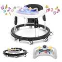 Baby Walker with Wheels,Music and Lights Baby Walker for Boys Girls 6-12 Months,Foldable Baby Walkers and Activity Center,Toddler Infant Walker with 7-Speed Height Adjustment,Detachable Plate,Black (4.3 x 24.41 x 24.41 Inch)