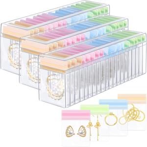 Kenning 63 Pcs Acrylic Jewelry Case Organizer, Clear Jewelry Organizers Holder with Portable Anti Tarnish Storage Bags for Rings, Earrings, Necklaces, Ideal Gifts for Women (Four Color Mixture)