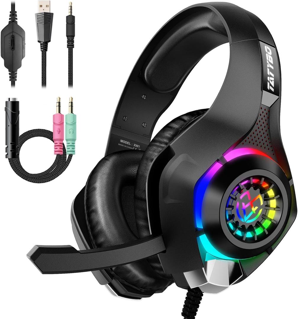 Tatybo Gaming Headset for PS4 PS5 Xbox One PC, Over-Ear Gaming Headphones with Surround Sound, Noise Canceling Mic, RGB Light