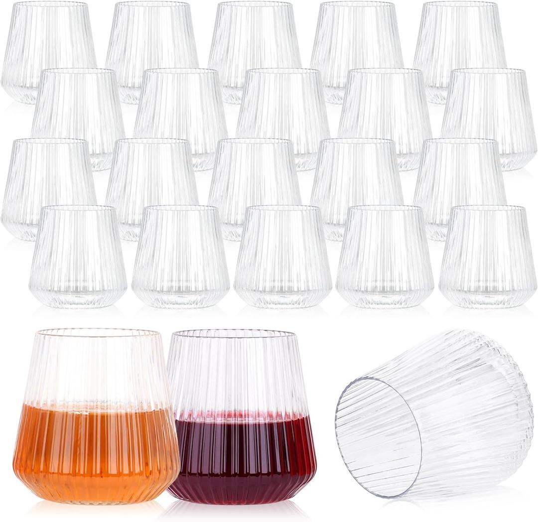 24 Pack Plastic Ribbed Wine Glasses, 14oz Stemless Disposable Wine Cups, Cute Clear Unbreakable Outdoor Cocktail Glasses, Heavy Duty Reusable Plastic Drinking Cup for Party Wedding Mimosa Bar