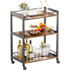HITNET Bar Cart for The Home, Home Bar Serving Cart with Wheels and Storage Shelves, 3 Tier Rolling Liquor Beverage Cart for Kitchen Dining Living Room, Rustic Brown and Black