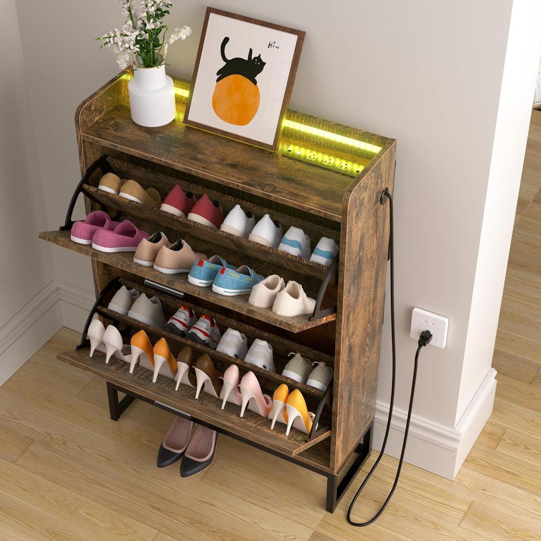 HAIOOU Shoe Storage Cabinet, Industrial Shoe Cabinet with 2 Flip Drawers, Farmhouse Slim Narrow Freestanding Wood Shoe Rack Storage Organizer for Entryway,Foyer,Hallway(Rustic Brown)