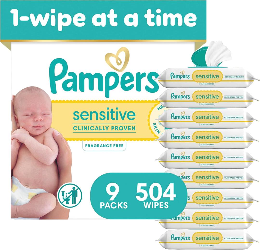 Pampers Sensitive Baby Wipes, Clinically Proven, Fragrance Free, Unscented, Water Based, Hypoallergenic, Multi-Use, Hand Wipes 504 Wipes Total (6X Flip-Top Packs)