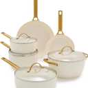 GreenPan Reserve Hard Anodized Healthy Ceramic Nonstick 10 Piece Cookware Pots and Pans Set, Gold-Tone Stainless Steel Handles, PFAS & PFOA-Free, Dishwasher Safe, Oven & Broiler Safe, Cream White