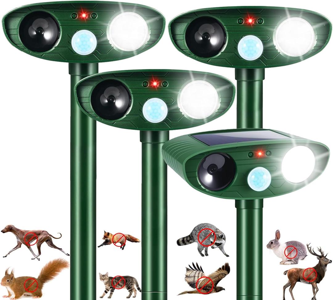 4 Pack Solar Ultrasonic Animal Repellent Raccoon Fortress Pro Outdoor, Deer Repellent with Motion Sensor & Strobe Light,Waterproof Cat Dog Squirrel Rabbit Deterrent for Garden Yard