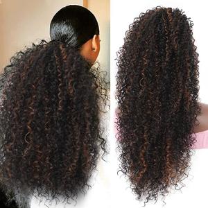 Youthfee 27 Drawstring Ponytail Deep Curly Heat Resistant Premium Synthetic Instant Clip Ponytail Extension Protective Style Afro Kinky Curly Hair Pieces for Women (27 Inch Brown Highlights)