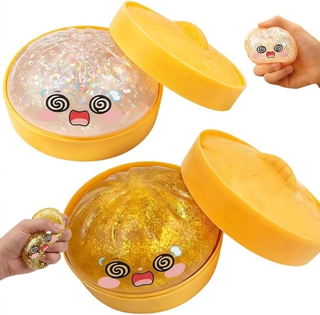 Lemoneon Glitter Dumpling Squishy Mystery Box 2 Pcs - 2026 Upgraded Dumplings Squishes for Adults Teens Squeeze Easter Basket Stuffers & Stocking Stuff Shocked Confused White and Gold