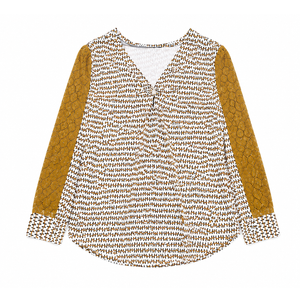 Women’s Brown and White Patterned Long Sleeve Blouse with Mustard Lace Sleeves, V-Neck Casual Tunic Top, Size XL