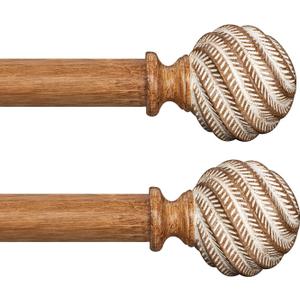 Wood Curtain Rods for Windows 66-120" 2 Pack:Boho Farmhouse Wooden Curtain Rod for Living Room Bedroom,Rustic Adjustable Heavy Duty Drapery Rods Set Brown Decorative Bamboo Imitation Wood Grain